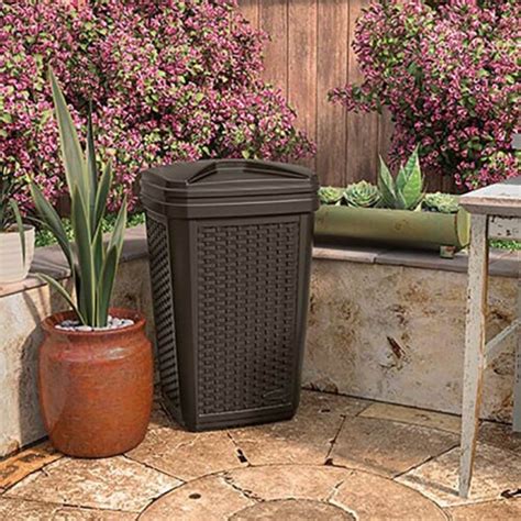 Suncast 30 Gallon Resin Wicker Decorative Outdoor Patio Trash Hideaway