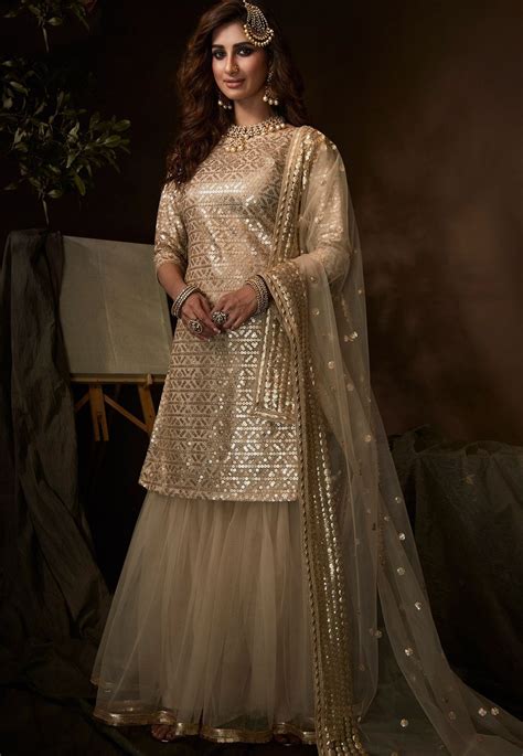 Silver Beige Net Embroidered Sharara Pakistani Style Suit 4204