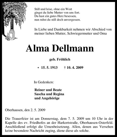 Traueranzeigen Von Alma Dellmann Trauer In NRW De