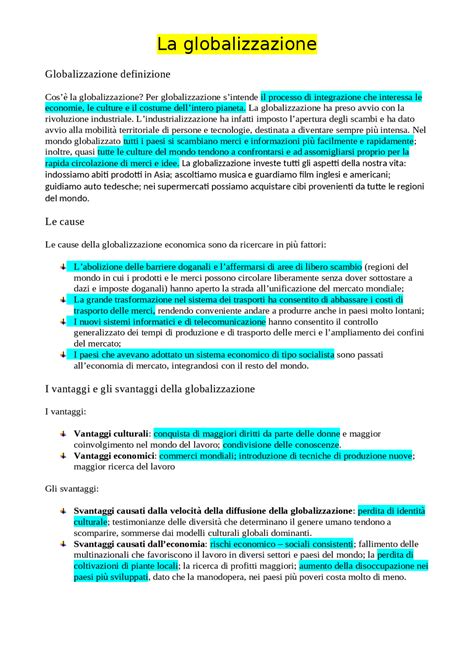 La globalizzazione riassunto | Schemi e mappe concettuali di Geografia