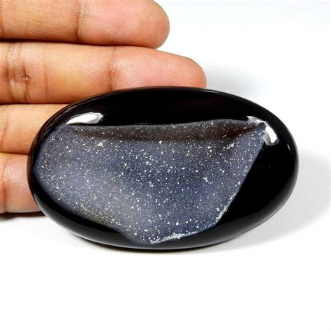 Black Onyx Agate Druzy Cabochon Oval Shape Natural Geode Gemstone 85