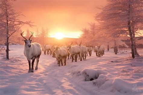 Premium Ai Image Winter Wonderland Reindeer In Snowy Sunset