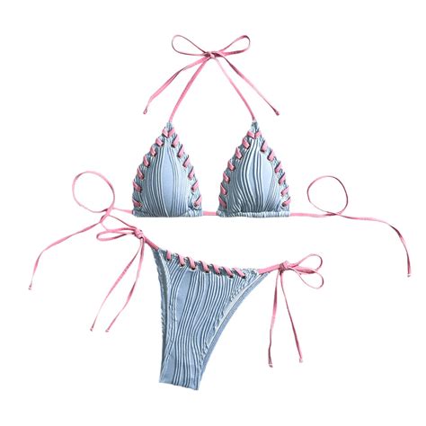 MSJUHEG Halter String Spaghetti Straps Knot Front Bikini Sets For Women Push Up Thong String 2