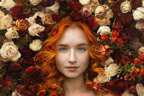 Download Blue Eyes White Flower Red Flower Flower Rose Freckles Redhead