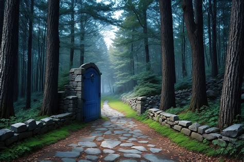 Un Camino Por El Bosque Con Una Puerta Azul Foto Premium