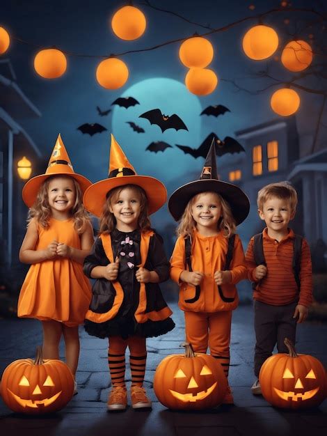 Feliz fondo de banner de tarjeta de halloween con niños disfrazados de