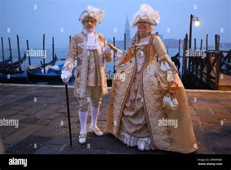 Venice Italy 7th Feb 2024 A Couple Seen Wearing Fancy Costumes During Event The Venice