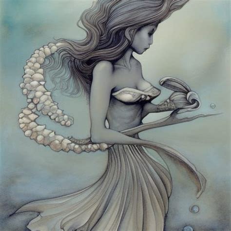 Brianfroudstylelineartaquawatercolorwashmermaid With Shells By