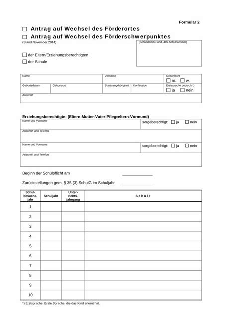 Pdf Antrag Auf Wechsel Des F Rderortes Schwerpunktes Formular