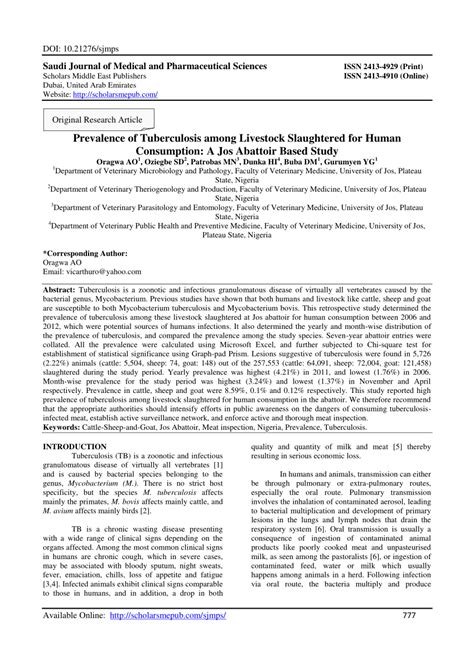 Pdf Prevalence Of Tuberculosis Among Livestock Slaughtered For Human