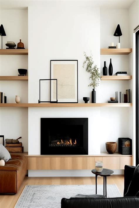 Modern Minimalist Fireplace With Built Ins On Both Sides Ideas Living