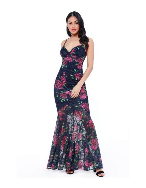 Robe Longue à Bustier à Fleurs Bleu Marine