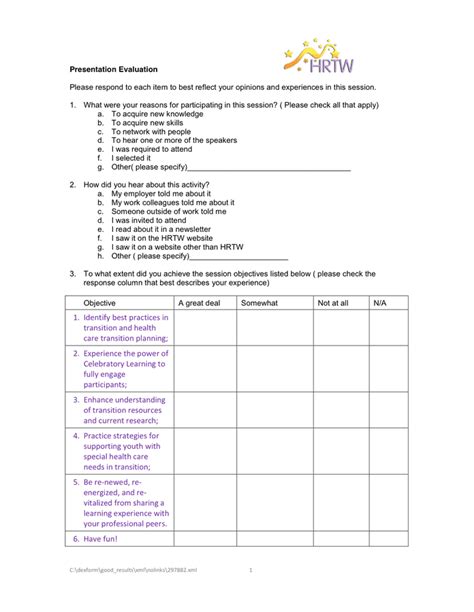 Presentation evaluation template in Word and Pdf formats