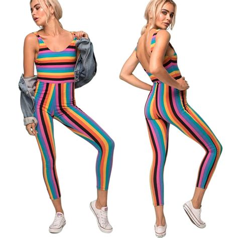 Fashion Sexy Rainbow Striped Print Jumpsuits Summer Sleeveless Backless