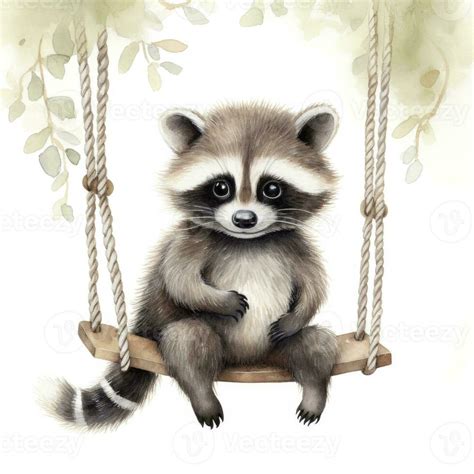 AI generated Cute baby raccoon in watercolour style, sitting on swings attached to the tree. AI ...