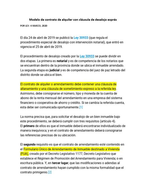 Modelo De Contrato De Alquiler Con Cláusula De Desalojo Exprés Pdf