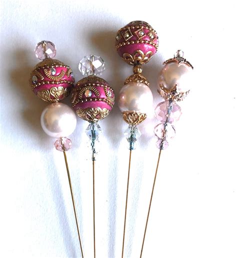 Victorian Style Six Inch Hat Pins Crystal Faux Pearls Gold Indonesian