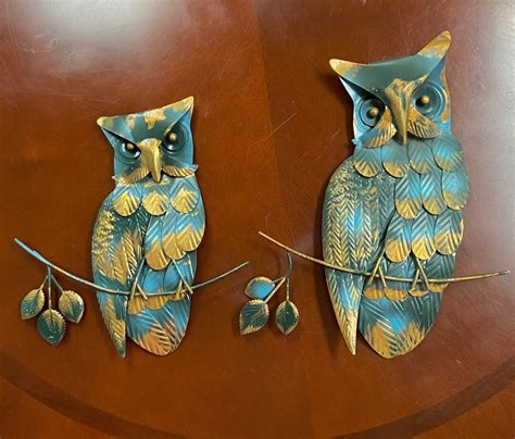 Metal Owl Wall Art Pair 2 Tin Owl Wall Plaques Mid Century Owl Etsy