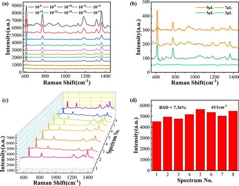 A Raman Spectra Of R6g At Concentrations From 10−17 To 10−8 M B