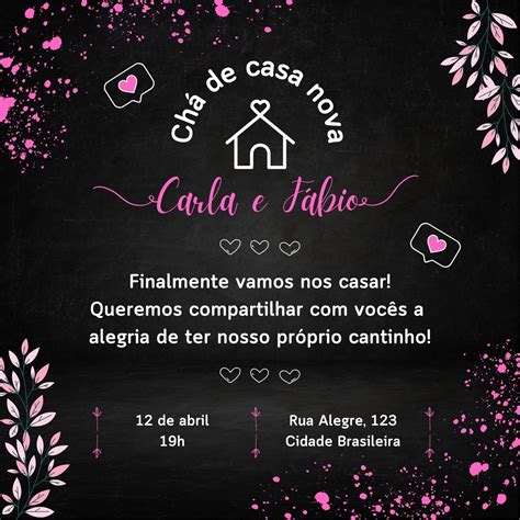 Convite Digital Chá de Casa Nova Preto e Rosa Elo7