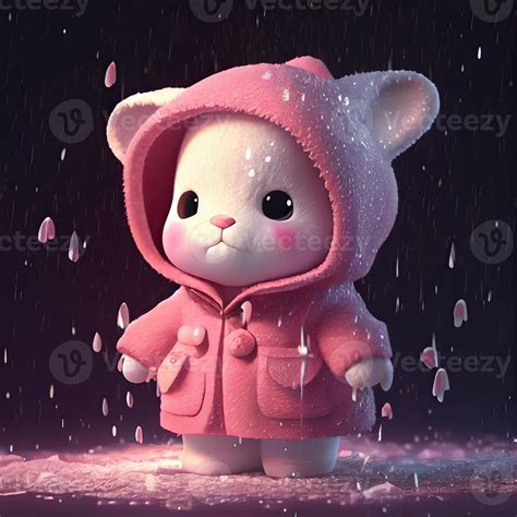 Little Cute Rabbit With Pink Wearing Red Sweater Clothes With A Hood