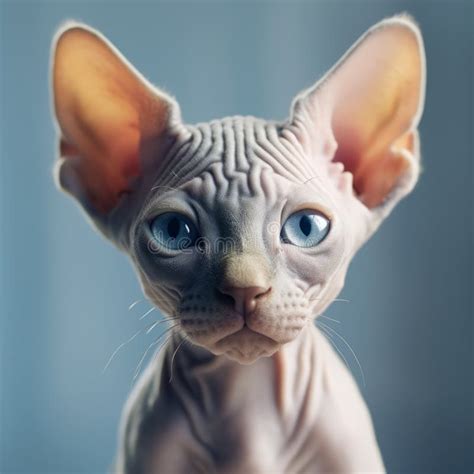 Portrait Of A Cute Blue Sphynx Kitten Looking At The Camera Closeup