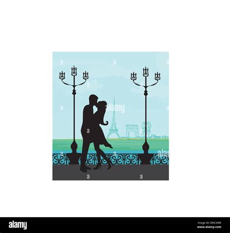 Romantic Couple In Paris Kissing Near The Eiffel Tower Retro Card Stock Vector Image And Art Alamy