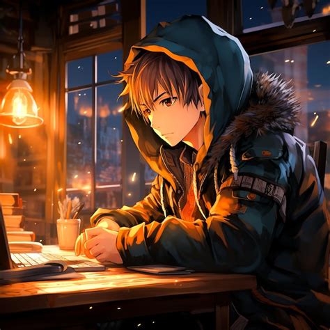 Premium AI Image | Cartoon lofi young manga style boy studying while listening to music and ...