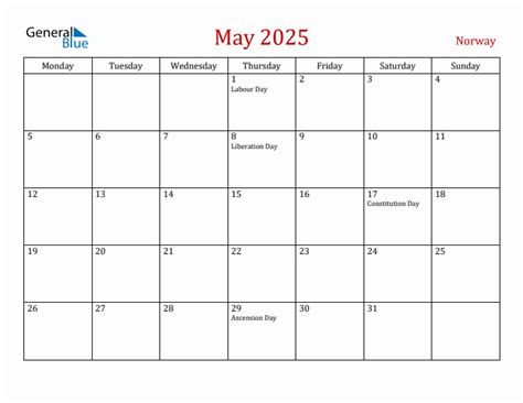 May 2025 - Norway Monthly Calendar with Holidays