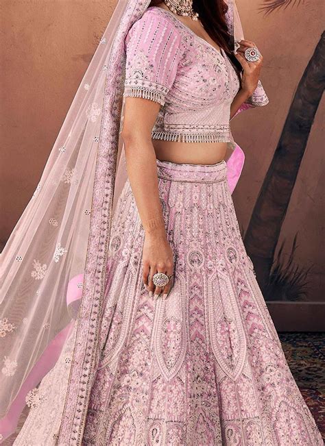 Buy Pink Net Embroidered Stones With Moti Umbrella Lehenga Wedding Wear