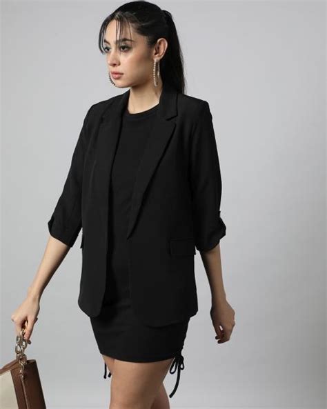 Buy Women Notched Lapel Blazer With Roll Up Sleeves Online At Best