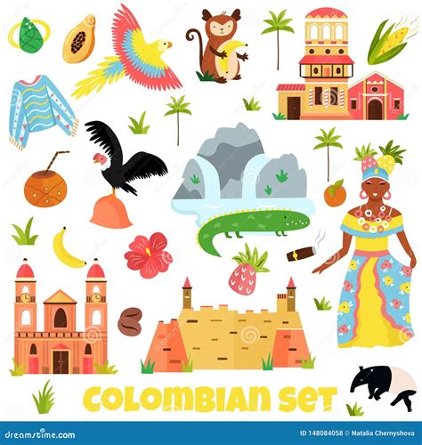 Set of Colorful Symbols, Landmarks of Colombia Stock Vector - Illustration of emerald, detailed ...