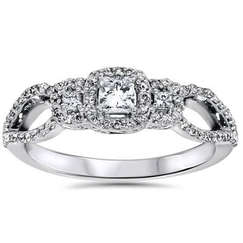 Pompeii3 1 2ct Princess Cut Diamond 3 Stone Halo Ring 10K White Gold