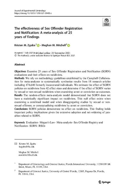 The Effectiveness Of Sex Offender Registration And Notification Sept