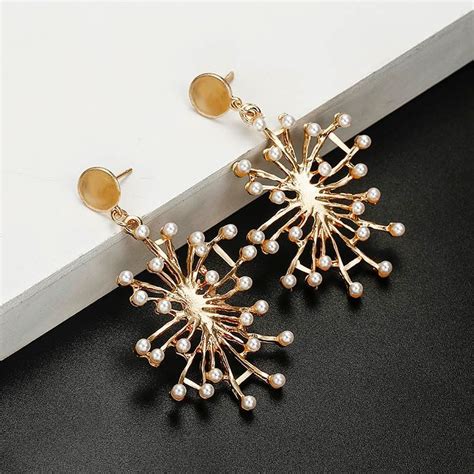 Buy Oomph Gold Tone Pearl Encrusted Floral Motif Drop Earrings Online