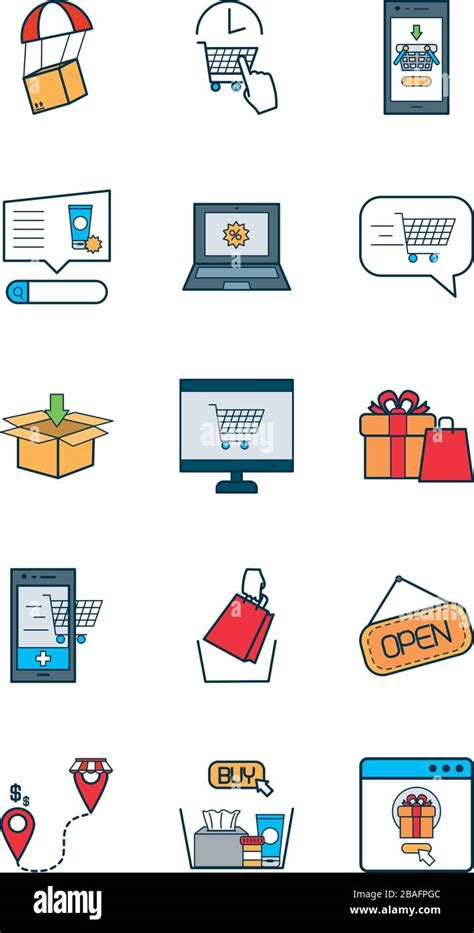 Smartphones And Shopping Online Icon Set Over White Background Line