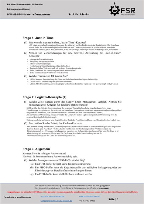 Materialflusstechnik Logistik Pr Fungsfragen Prof Dr Schmidt Seite