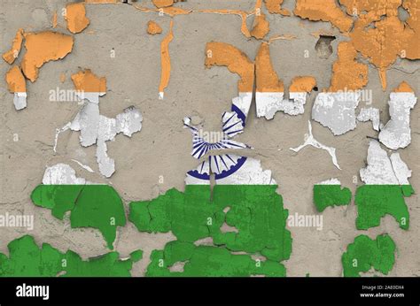 India Flag Depicted In Paint Colors On Old Obsolete Messy Concrete Wall