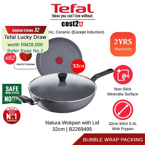 Tefal Non Stick Natura Wokpan With Lid 32cm B22694 B2269495 Kuali