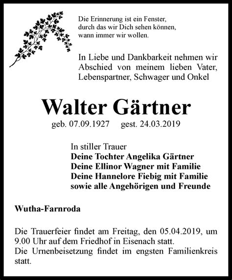 Traueranzeigen von Walter Gärtner trauer in thueringen de