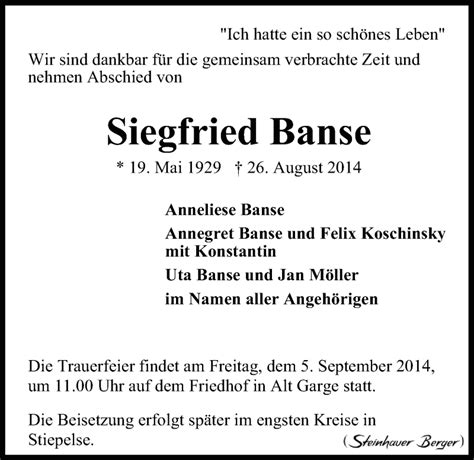 Traueranzeigen Von Siegfried Banse Trauer L Neburg De