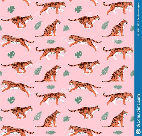 Vector Seamless Pattern Of Tigers And Palm Leaves Stock Vector