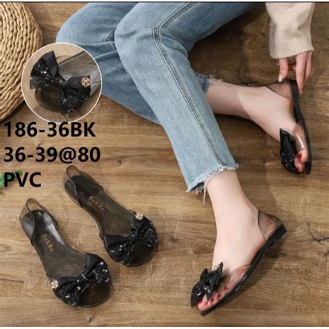 Jual Sepatu Jelly Wanita Karet Import Flatshoes Teplek Kaca Motif Bunga