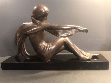 Antique Bronze Sculpture Semi Nude Woman Signed Decoux Art Deco Belgium