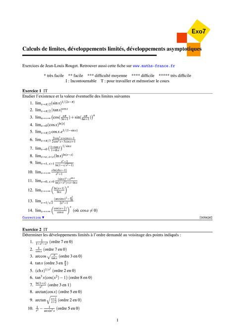 D Veloppement Limit Au Voisinage De L Infini Exercices Corrig S