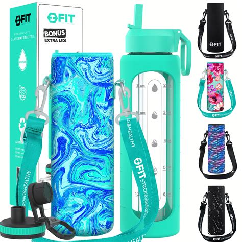 32 oz Glass Water Bottle with Time Marker Reminder and Carrier