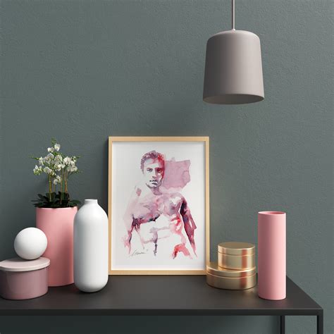 Male Figure Art Pink Watercolor Naked Men Painting Etsy