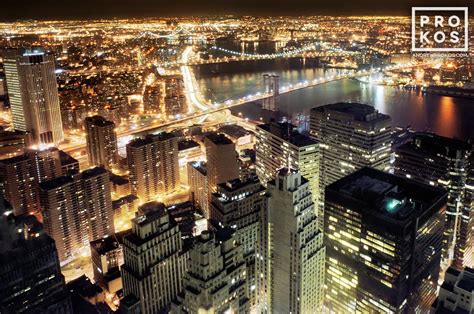 Aerial View of Lower Manhattan and Brooklyn Bridge at Night - Fine Art ...