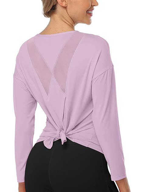 Women Long Sleeve Workout Shirt Tie Back Breathable Mesh Yoga Tops