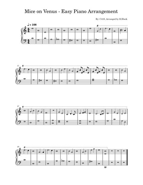 Mice On Venus C418 Easy Piano Arrangement Sheet Music For Piano